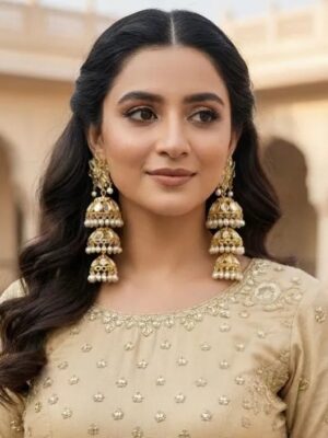 Sunahri Wear I Online Kundan Artificial Jewelry Wholesale Shopping Royal Kundan Pearl Layered Jhumka Earrings