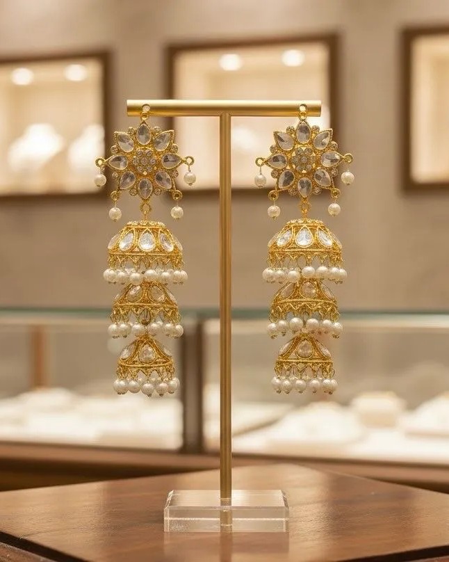 Royal Kundan Pearl Layered Jhumka Earrings Layered Jhumka earrings image 2