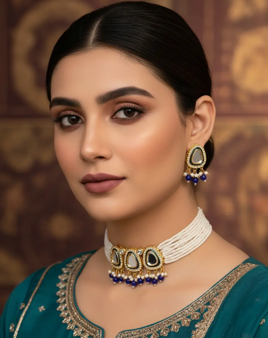 Elegant Three Piece Pearl Choker Set with Kundan Pearl Choker Kundan Set